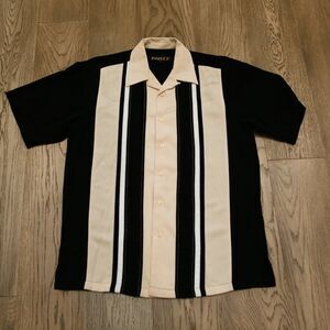 Inserch Retro Bowling Shirt Black Cream Colorblock Striped Button Up 90s Y2K
